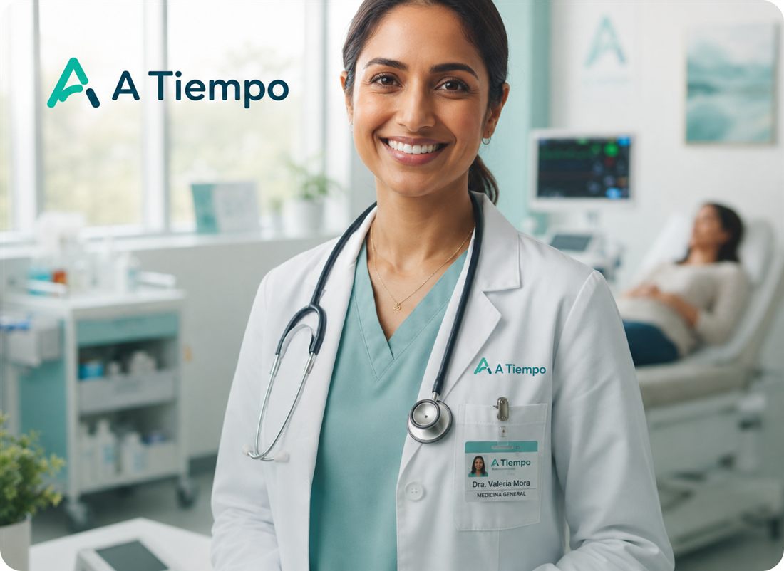 Profesional de la salud de A Tiempo con una paciente en consulta